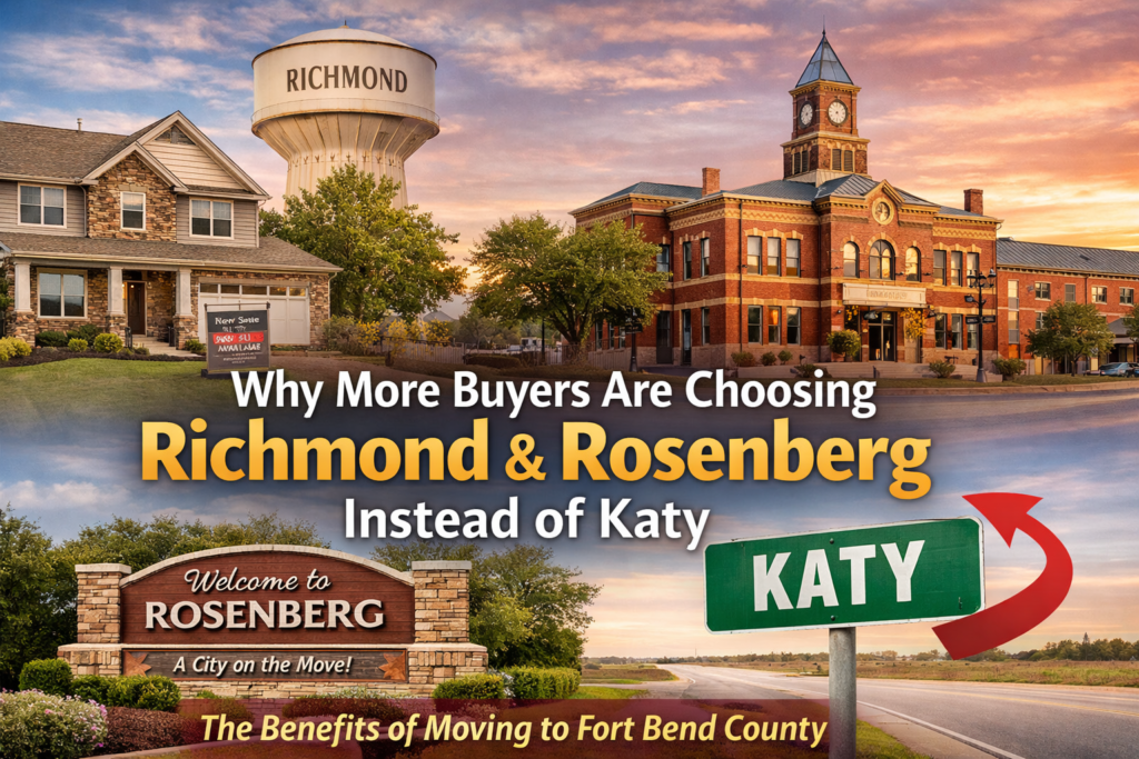 Featured image showing homes and local landmarks in Richmond and Rosenberg, Texas, highlighting why home buyers are choosing Fort Bend County communities over Katy TX.