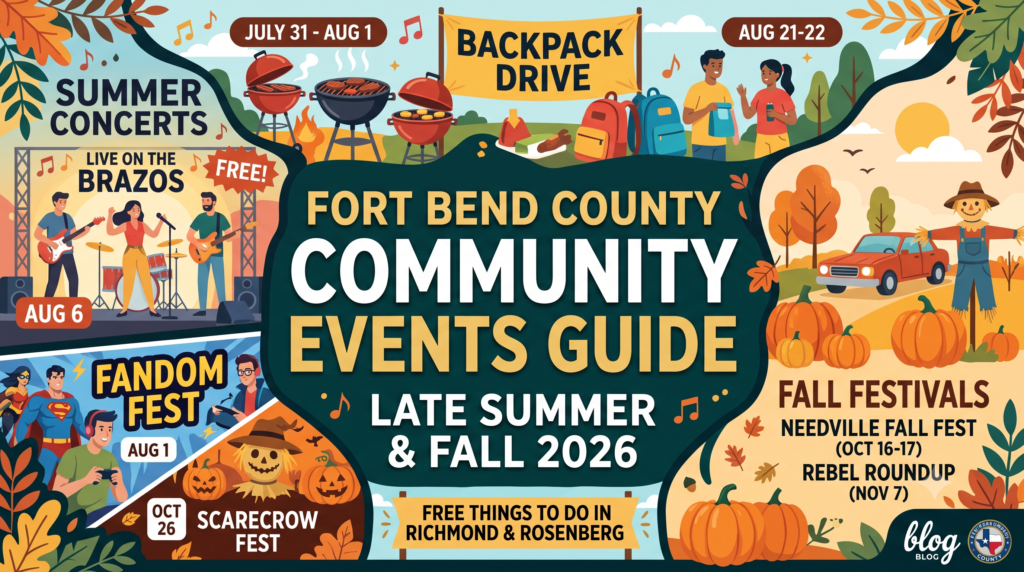 Fort Bend County Community Events Guide for Late Summer and Fall 2026 featured graphic, highlighting local Texas events including BBQ cookoffs, Live on the Brazos concerts, Fandom Fest, Needville Fall Fest, and Scarecrow Fest.